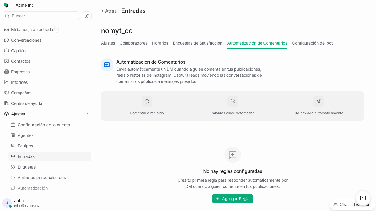 Pestaña Automatización de Comentarios sin reglas configuradas
