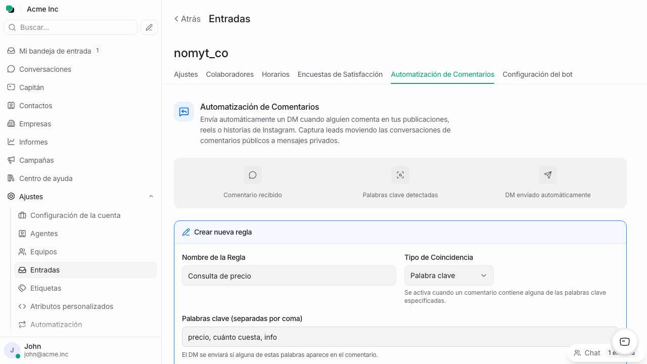 Formulario de creación de regla de Automatización de Comentarios