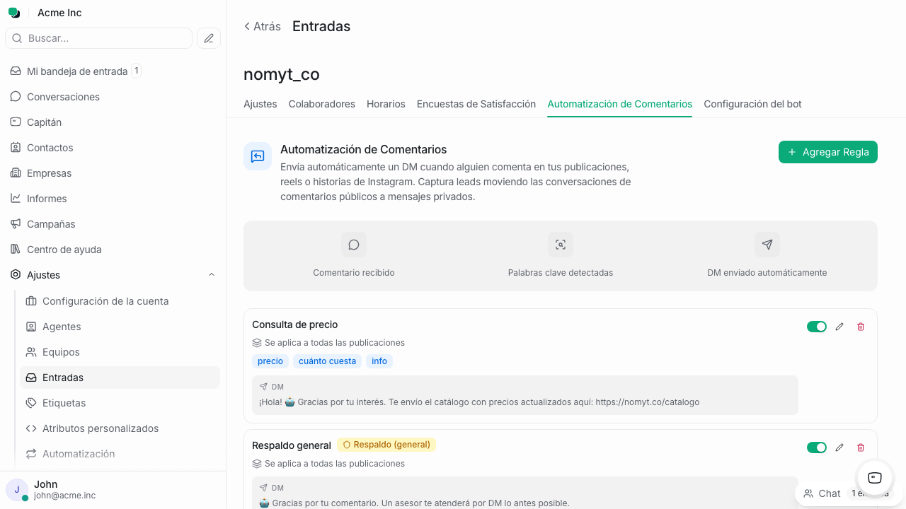 Lista de reglas con una regla por palabra clave y una regla de respaldo