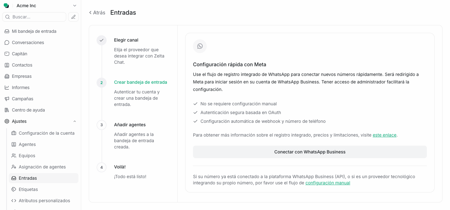 Pantalla de configuración rápida con Meta con el botón Conectar con WhatsApp Business