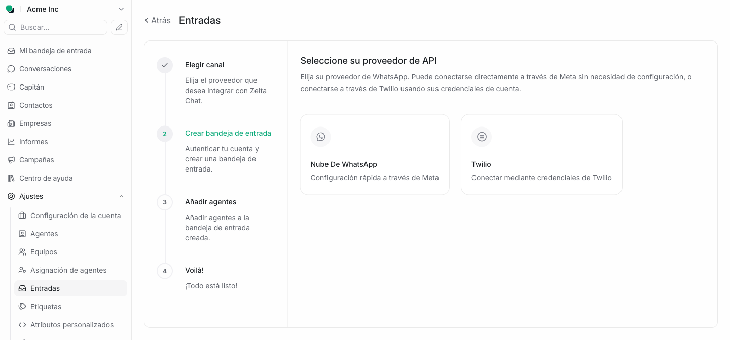 Pantalla de selección de proveedor con las opciones Nube de WhatsApp y Twilio