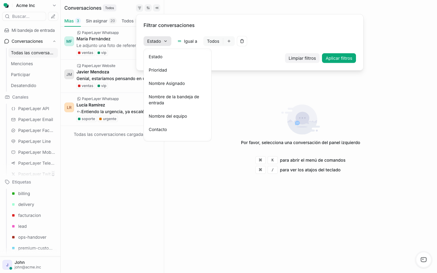 Filtro de conversaciones con el nuevo criterio Contacto