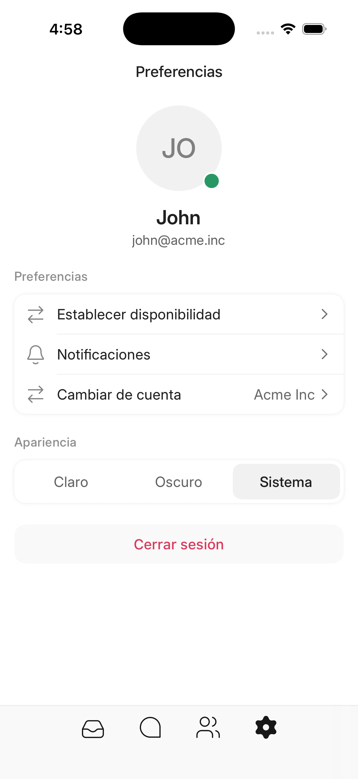 Pantalla de preferencias de la app móvil