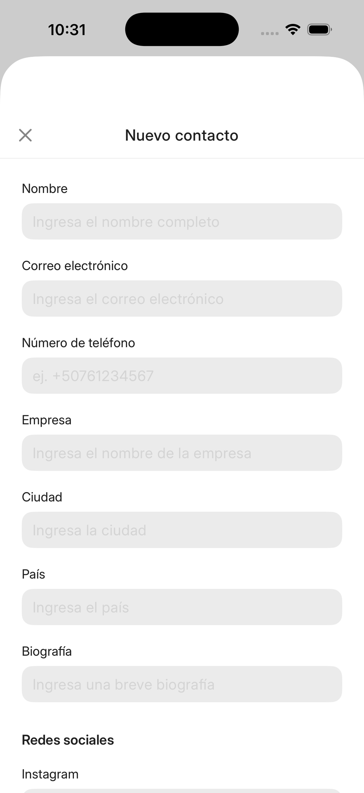 Formulario para crear un contacto nuevo en la app móvil
