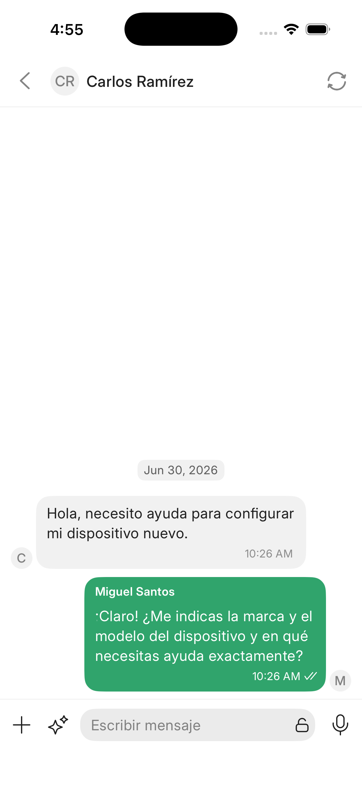 Pantalla de conversación con el campo de respuesta en la app móvil