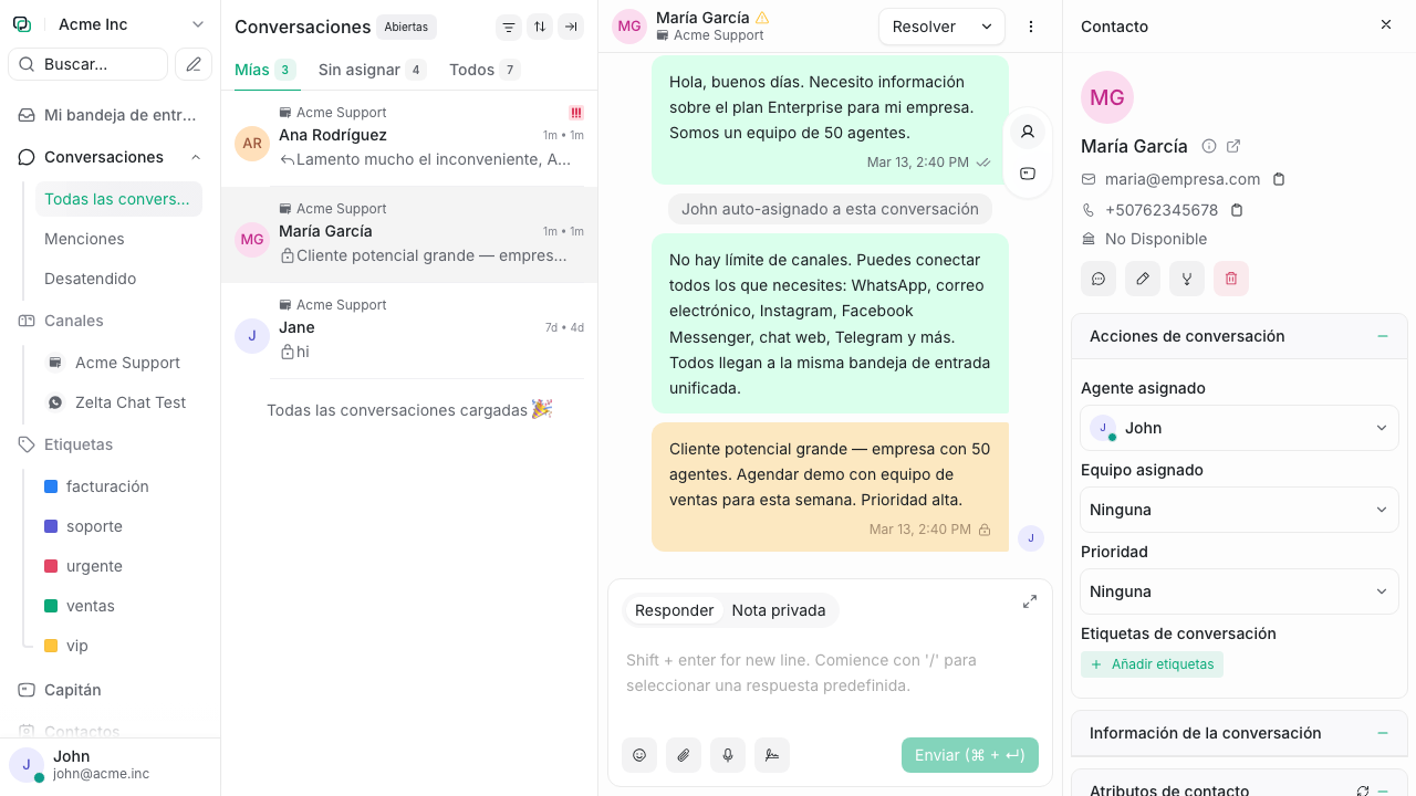 Bandeja de entrada con conversación abierta