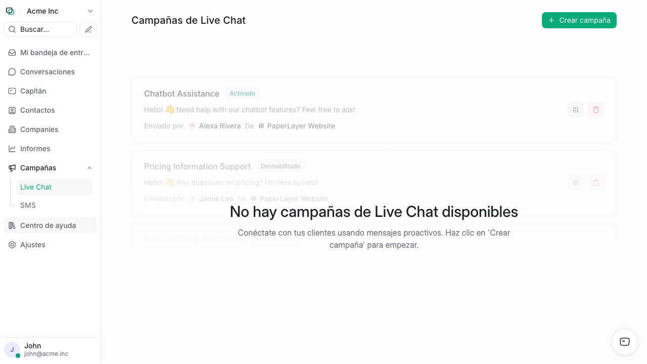 Vista de campañas de Live Chat