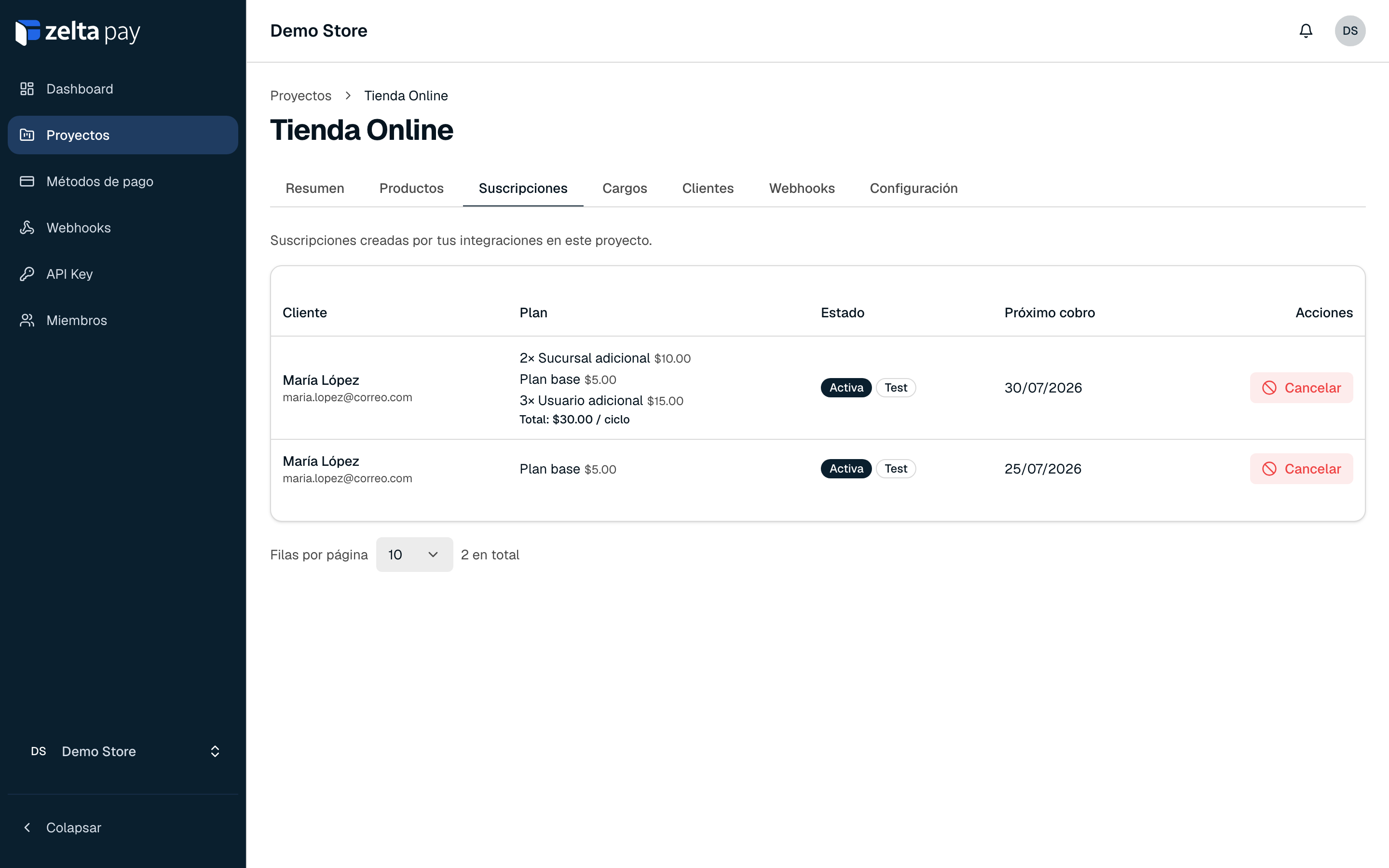 Suscripciones de un proyecto con desglose de items y total por ciclo