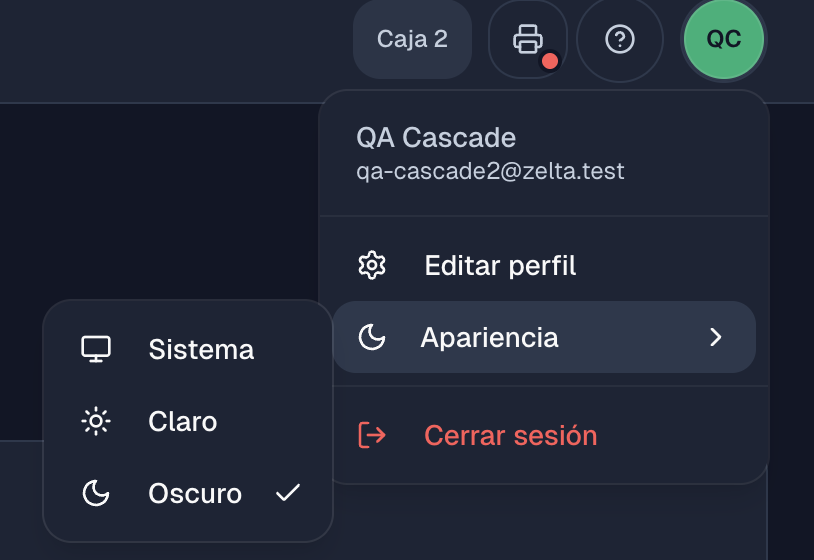 Menú del avatar con la opción Apariencia y las opciones Sistema, Claro y Oscuro