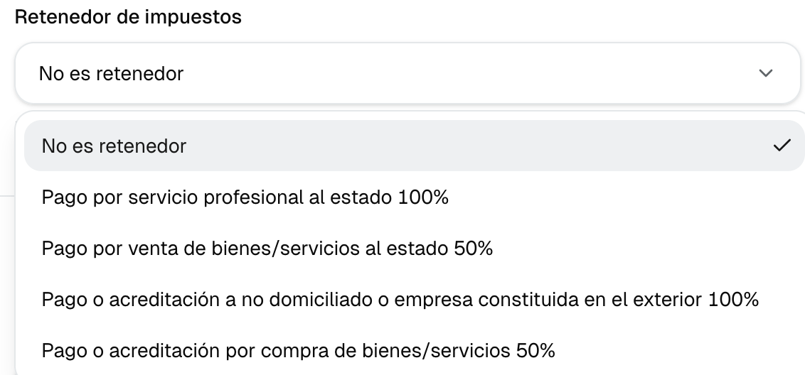 Selector Retenedor de impuestos con las cuatro opciones de tipo de agente retenedor