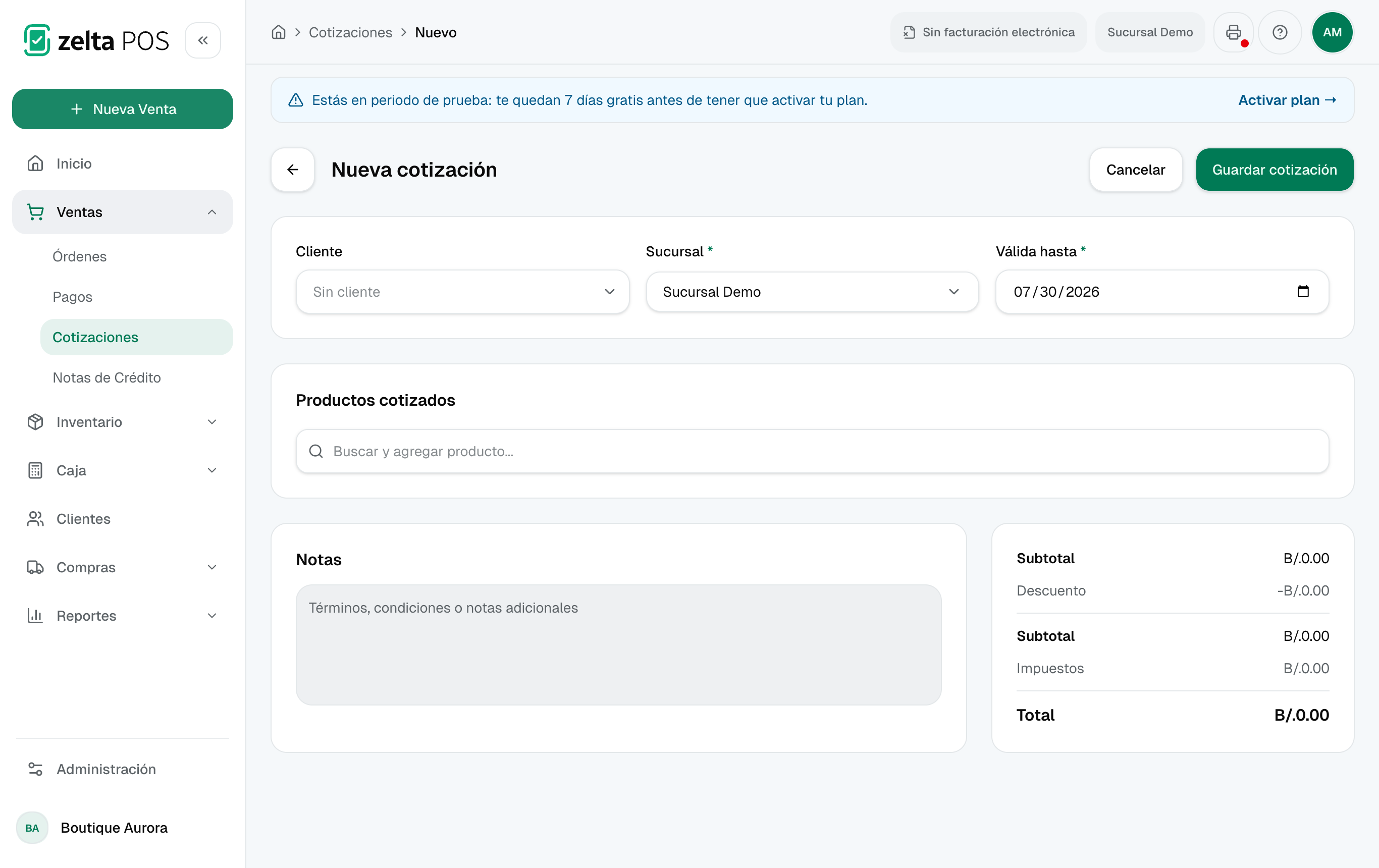 Formulario de nueva cotización con cliente, sucursal, vigencia y productos