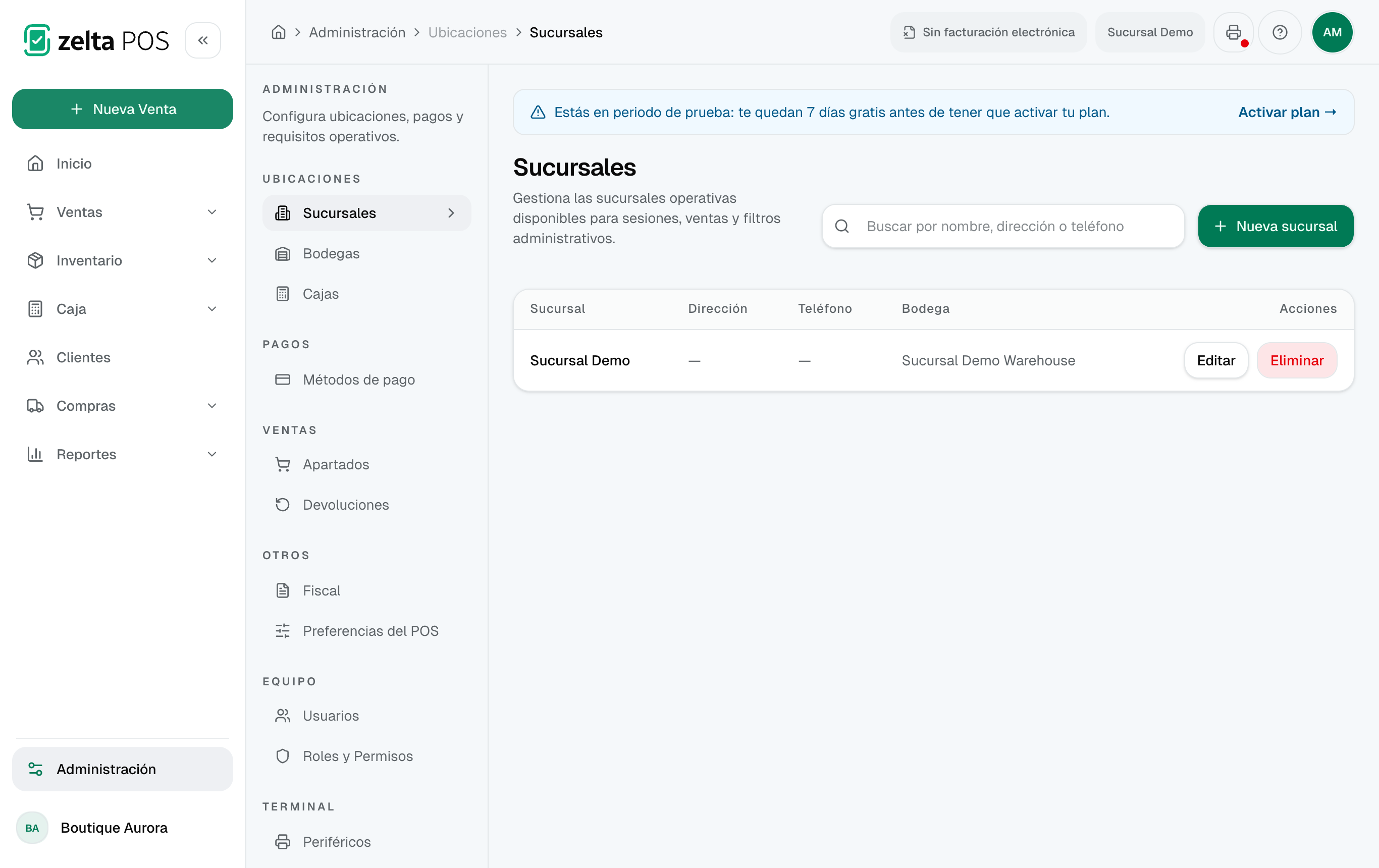 Menú de Configuración con la sección de Sucursales